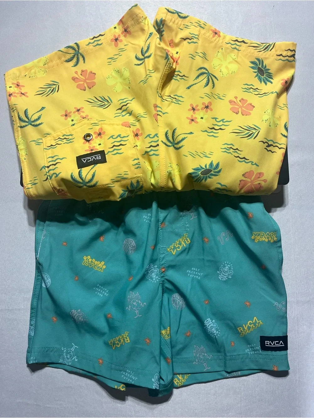 RVCA Boys XSmall (5/6) Yellow/Green Tropical Print Swim Trunk Shorts 2 Pack